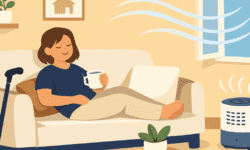 Disabled person relaxing on a sofa, holding a mug, with a cane nearby. An open window and air purifier show fresh air flowing in a calm living room.