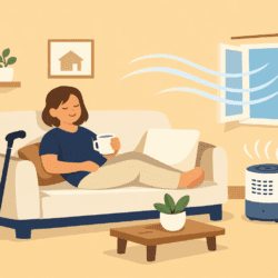 Disabled person relaxing on a sofa, holding a mug, with a cane nearby. An open window and air purifier show fresh air flowing in a calm living room.