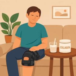 Disabled adult sitting on a sofa with a knee brace, resting a hand on their knee, with a collagen drink on a side table.