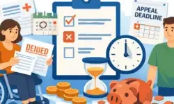 cartoon image: Disabled woman using a wheelchair looks at paperwork while another person checks deadlines, with symbols showing delays and lost money.