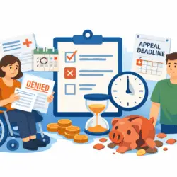 cartoon image: Disabled woman using a wheelchair looks at paperwork while another person checks deadlines, with symbols showing delays and lost money.