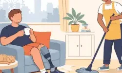 cartoon image Cleaner mops a living room while a disabled person with a prosthetic leg relaxes on a sofa in a London flat.