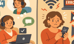 Split illustration showing online therapy helping on one side and failing on the other, highlighting access depends on design, not effort.