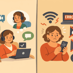 Split illustration showing online therapy helping on one side and failing on the other, highlighting access depends on design, not effort.