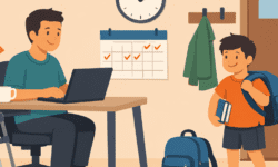 Disabled parent works at a desk with crutches nearby while a child prepares for school at home, showing a settled daily routine.