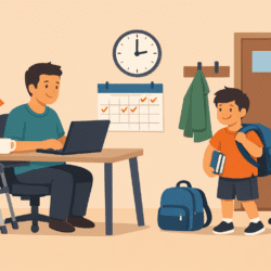 Disabled parent works at a desk with crutches nearby while a child prepares for school at home, showing a settled daily routine.