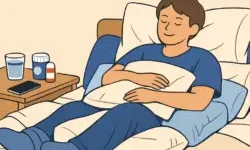 Person resting comfortably in bed, propped up with pillows and holding one on their chest, with medications, water, and a phone on a nearby nightstand.