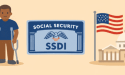 A flat-style illustration on a beige background showing a person using crutches on the left, a Social Security Disability Insurance (SSDI) card in the centre, and a US government building with an American flag on the right.