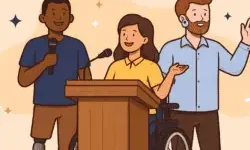 Three disabled speakers stand at a podium, including a wheelchair user, a man with a prosthetic leg, and a man with a hearing device, addressing an audience.