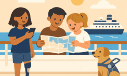 Three people review a map on a cruise deck with an assistance dog beside them and a ship in the background.