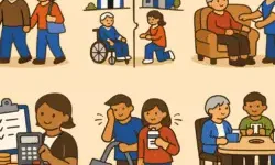 Flat-style illustrations show an older man with a cane supported by a woman at home, a wheelchair user beside house and apartment icons, a caregiver assisting a seated older adult, a piggy bank with bills and calculator, a couple managing care tasks, and older adults socialising at a table. The images highlight cost, support needs, and daily life in home care versus assisted living.