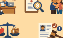 Illustrations show a disabled visa applicant at a health check, medical cost review, couple embracing, scales weighing love and money, and a visa decision with gavel.