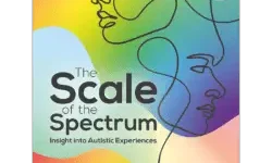 Book cover titled The Scale of the Spectrum: Insight into Autistic Experiences by Joanna Grace, featuring colourful abstract shapes and line-drawn faces.