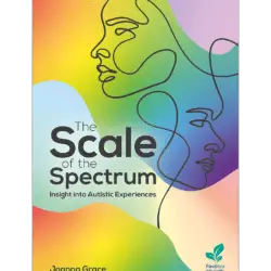 Book cover titled The Scale of the Spectrum: Insight into Autistic Experiences by Joanna Grace, featuring colourful abstract shapes and line-drawn faces.