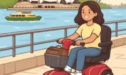 cartoon image person travelling along Sydney Harbour waterfront using a mobility scooter.