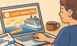 Person booking a last-minute cruise on a laptop showing “Last Minute” cruise deal.