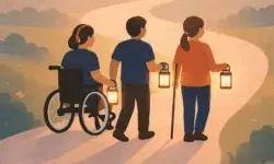 three disabled people holding a small glowing lantern and walking together along a winding path through an open landscape