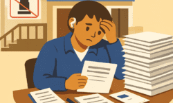 Person with a hearing aid reviews visa paperwork at a table with a large stack of documents; “Visa Office” sign and no-lift symbol behind.