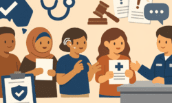 Group of diverse applicants, including a disabled person, speaking with a case officer; icons show healthcare, legal review, and visa approval.