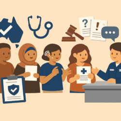 Group of diverse applicants, including a disabled person, speaking with a case officer; icons show healthcare, legal review, and visa approval.