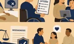 Illustration in six panels showing a patient with a misdiagnosed brain condition, a person reviewing “YOUR OPTIONS” (medical review, legal support, advocacy, compensation), caregivers assisting a wheelchair user with a communication device, a book titled “YOUR RIGHTS” beside scales of justice, and a small support group talking.