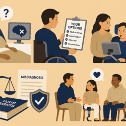 Illustration in six panels showing a patient with a misdiagnosed brain condition, a person reviewing “YOUR OPTIONS” (medical review, legal support, advocacy, compensation), caregivers assisting a wheelchair user with a communication device, a book titled “YOUR RIGHTS” beside scales of justice, and a small support group talking.