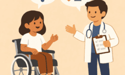 Cartton image of wheeelchair user in conversation with a doctor