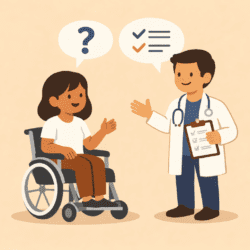 Cartton image of wheeelchair user in conversation with a doctor