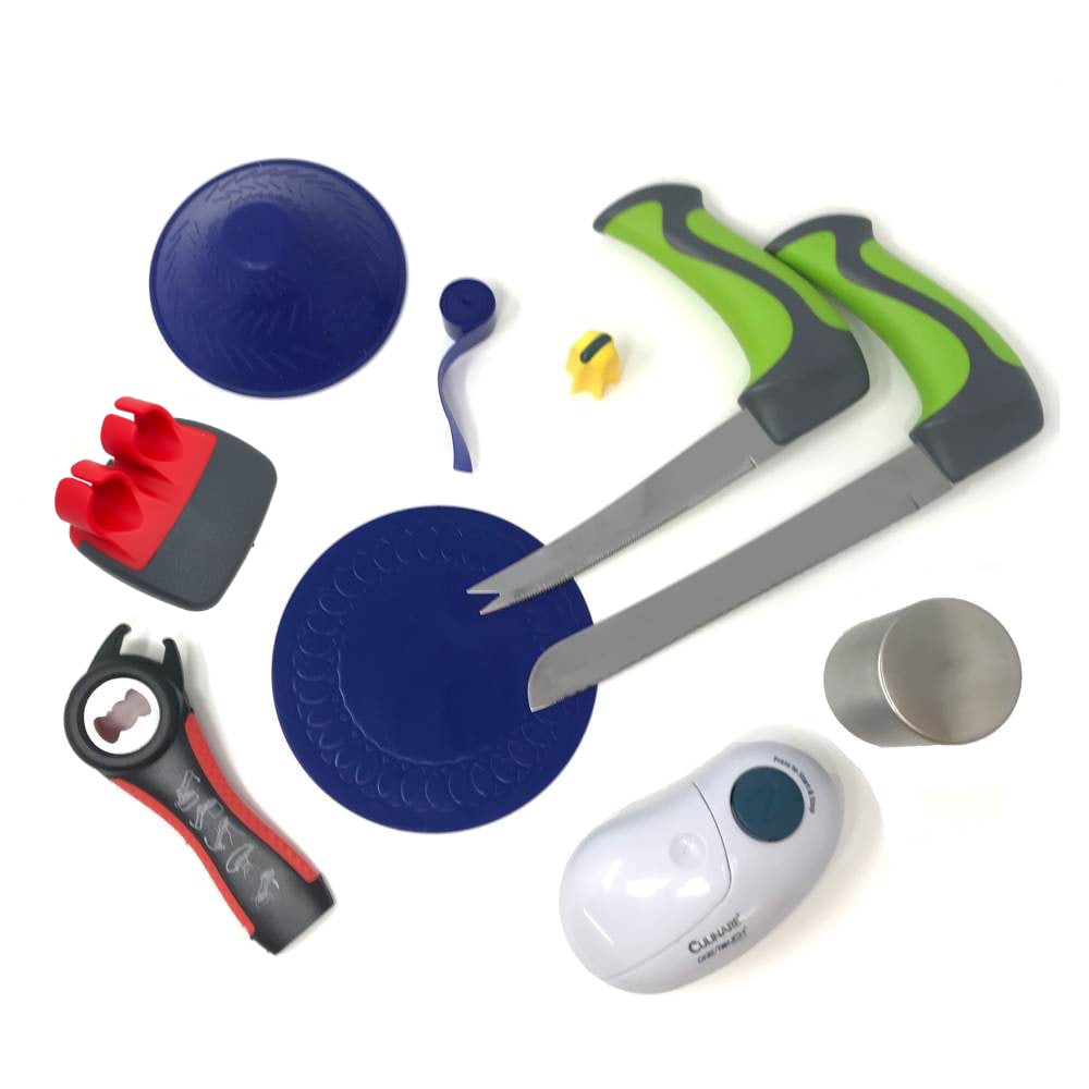 The kitchen pack deluxe offers you great value over buying the products separately. The pack contains bread and all-purpose right-angled knives, jar, bottle and can openers, a 5-in-1 opener, palm peeler, Nimble, anti-slip strip and a non-slip coaster.