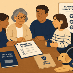 Illustration of an older woman and family members discussing power of attorney paperwork around a table, with accessible support and future care planning themes.
