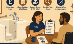 Flat cartoon illustration of a disabled couple meeting a supplier to discuss a walk-in bath, with a bathroom setup, checklist of costs and features, and icons for grants, safety, and planning on a warm beige background.