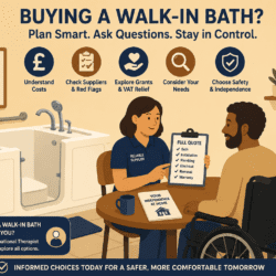 Flat cartoon illustration of a disabled couple meeting a supplier to discuss a walk-in bath, with a bathroom setup, checklist of costs and features, and icons for grants, safety, and planning on a warm beige background.