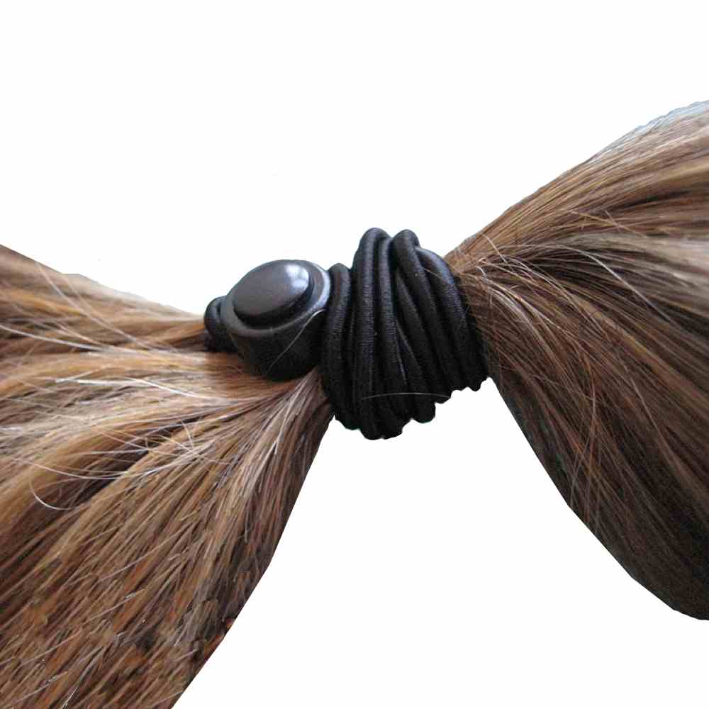 Image shows a ponytail being held in place with a 1-UP hair tie.