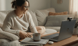 Person sitting on a sofa at home, smiling during a telehealth video appointment on a laptop.
