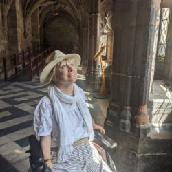 Wheelchair user in a sun hat looks up at the vaulted stone ceiling inside a cool medieval cathedral.