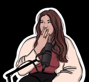 Image is a cartoon version of Leah, a young adult with upper limb difference, sat in front of a podcast microphone
