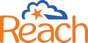 Image shows the logo for the charity reach, which is orange text with an orange star and a blue cloud shape