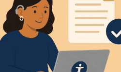 Person using a laptop with an accessible document icon and checkmark, representing accessible digital documents and independent access.
