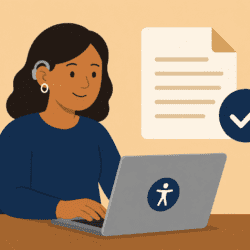 Person using a laptop with an accessible document icon and checkmark, representing accessible digital documents and independent access.