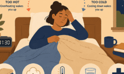 Person sitting up in bed at night looking uncomfortable as arrows show a cycle between feeling too hot and too cold. Icons and text highlight tips for managing poor temperature regulation during sleep, including using layered bedding, choosing breathable natural fabrics, keeping the bedroom cool (around 18°C), staying hydrated, and seeking medical advice for severe symptoms.