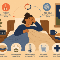Person sitting up in bed at night looking uncomfortable as arrows show a cycle between feeling too hot and too cold. Icons and text highlight tips for managing poor temperature regulation during sleep, including using layered bedding, choosing breathable natural fabrics, keeping the bedroom cool (around 18°C), staying hydrated, and seeking medical advice for severe symptoms.