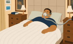 Cartoon illustration of a larger man sleeping peacefully in a double bed while wearing a CPAP mask connected to a bedside machine in a warm, tidy bedroom.