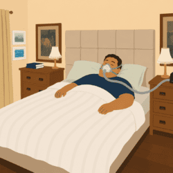 Cartoon illustration of a larger man sleeping peacefully in a double bed while wearing a CPAP mask connected to a bedside machine in a warm, tidy bedroom.