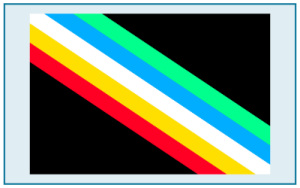 image shows the disability pride flag - a black rectangle with diagonal colored lines in red, gold, white, blue and green.