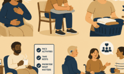 Illustration showing breathing techniques, pacing activities, resting and social support to help manage breathlessness and fatigue.