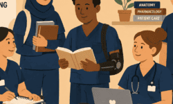 A diverse group of disabled nursing students study together, showing that disability is not a barrier to a nursing career.