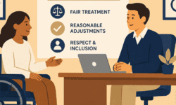 Illustration of a wheelchair user discussing disability rights at work with a colleague, with a poster highlighting fair treatment, reasonable adjustments and inclusion.