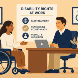Illustration of a wheelchair user discussing disability rights at work with a colleague, with a poster highlighting fair treatment, reasonable adjustments and inclusion.