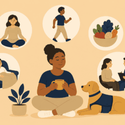 Person managing chronic pain with rest, gentle exercise, healthy food, relaxation and professional support.