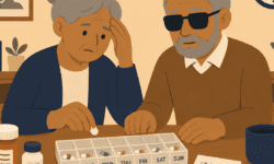 Older woman sorts pills into a weekly organiser beside her blind husband.